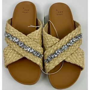 A New Day Women's Raffia Criss Cross Rhinestone Slide Sandals Size 9